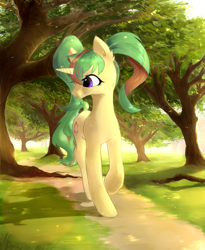 Size: 4500x5500 | Tagged: safe, artist:aoiyui, derpibooru import, oc, oc only, oc:tropical grove, pony, unicorn, cute, female, forest, mare, scenery, solo
