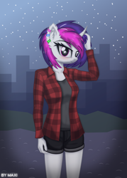 Size: 2042x2845 | Tagged: safe, artist:maxiclouds, derpibooru import, oc, anthro, unicorn, blushing, city, clothes, female, night, piercing, shirt, shorts, smiling