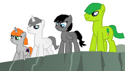 Size: 1280x720 | Tagged: safe, artist:nightshadowmlp, derpibooru import, oc, oc:dark matter, oc:glenwood pine, oc:night shadow, oc:polar cap, base used, cliff, rock