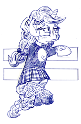 Size: 836x1280 | Tagged: safe, artist:shoeunit, derpibooru import, sugar belle, pony, unicorn, clothes, equal sign, female, mare, sad, school uniform, solo, traditional art