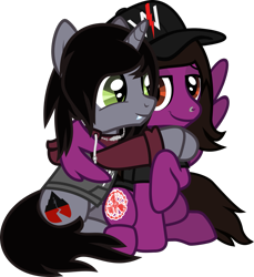 Size: 1167x1273 | Tagged: safe, artist:lightningbolt, derpibooru exclusive, derpibooru import, pegasus, pony, unicorn, .svg available, cap, clothes, disguised siren, duo, fangs, friendshipping, hair over one eye, happy, hat, hoodie, horn, hug, jewelry, kellin quinn, lidded eyes, looking at each other, male, necklace, nose piercing, pierce the veil, piercing, ponified, shirt, simple background, sitting, sleeping with sirens, slit eyes, smiling, smirk, spread wings, stallion, svg, t-shirt, transparent background, vector, vic fuentes, winghug, wings