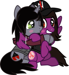 Size: 1167x1273 | Tagged: safe, alternate version, artist:lightningbolt, derpibooru exclusive, derpibooru import, pegasus, pony, unicorn, .svg available, blush sticker, blushing, cap, clothes, disguised siren, gay, hair over one eye, happy, hat, hoodie, horn, hug, jewelry, kellin quinn, kiss on the cheek, kissing, looking at each other, male, necklace, nose piercing, one eye closed, pierce the veil, piercing, ponified, shipping, shirt, simple background, sitting, sleeping with sirens, slit eyes, smiling, spread wings, stallion, svg, t-shirt, transparent background, vector, vic fuentes, winghug, wings, wink