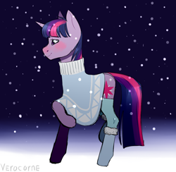 Size: 1024x1000 | Tagged: safe, artist:veracon, derpibooru import, twilight sparkle, pony, unicorn, clothes, cold, explicit source, night, poncho, snow, socks, solo