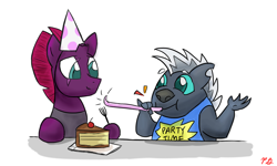 Size: 1500x900 | Tagged: safe, artist:pacificgreen, derpibooru import, grubber, tempest shadow, hedgehog, pony, unicorn, my little pony: the movie, cake, food, fork, hat, party hat, party horn, smiling