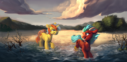 Size: 1207x595 | Tagged: safe, artist:locksto, derpibooru import, oc, oc only, goat, pony, unicorn, beautiful, duo, goat oc, scenery, scenery porn