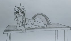 Size: 2000x1150 | Tagged: safe, artist:bently96, derpibooru import, oc, oc only, oc:heilen beruhren, oc:ruhig fortepiano, unicorn, solo, story in the source, story included, table, traditional art