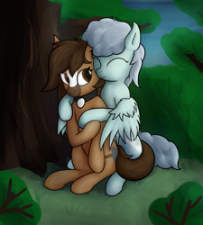 Size: 2179x2419 | Tagged: safe, artist:deerdraw, derpibooru import, oc, oc only, oc:horseshoe, oc:overcastpone, earth pony, pegasus, pony, collar, couple, duo, female, forest, grass, hug, male, smiling, tree