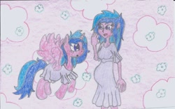 Size: 1778x1113 | Tagged: safe, artist:nephilim rider, derpibooru import, oc, oc only, oc:melody aurora, alicorn, pony, equestria girls, alicorn oc, clothes, dress, equestria girls-ified, female, flying, human ponidox, offspring, parent:flash sentry, parent:twilight sparkle, parents:flashlight, pregnant, self ponidox, traditional art