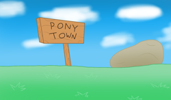 Size: 1280x750 | Tagged: safe, artist:thebadbadger, derpibooru import, pony, cloud, field, grass, irony, no pony, pony town, rock, sign, sky