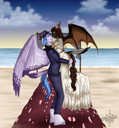 Size: 1925x2070 | Tagged: safe, artist:theecchiqueen, derpibooru import, oc, oc only, oc:casey bleu, oc:rasta jam, anthro, bat pony, pegasus, anthro oc, bat pony oc, beach, bleujam, clothes, dress, looking at each other, married couple, smiling, song birds, suit, tail feathers, water, wedding dress