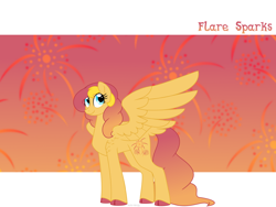 Size: 1600x1200 | Tagged: safe, artist:faith-wolff, derpibooru import, oc, oc only, oc:flare sparks, pegasus, pony, biography, cloven hooves, colored hooves, cutie mark background, faithverse, female, happy, mare, next generation, offspring, parent:flash sentry, parent:sunset shimmer, parents:flashimmer, signature, smiling, solo, tail feathers