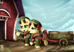 Size: 3550x2509 | Tagged: safe, artist:pridark, derpibooru import, flam, flim, pony, unicorn, barn, clothes, colt, cookie, crossdressing, filly guides, flim flam brothers, food, male, scout, sky, smiling, wagon, younger