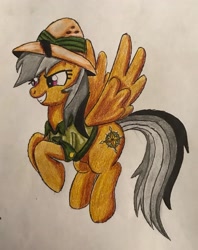 Size: 2296x2902 | Tagged: safe, artist:bozzerkazooers, derpibooru import, daring do, archaeologist, archer, boomerang-fighter, chainfighter, clubfighter, explorer, gold coat, gold wings, greyscale mane, knife-fighter, magenta eyes, marksman, martial artist, olive green shirt, pith helmet, solo, spearfighter, swordfighter, traditional art