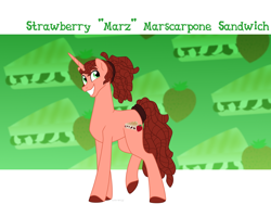 Size: 1600x1200 | Tagged: safe, artist:faith-wolff, derpibooru import, oc, oc only, oc:strawberry marscapone sandwich, pony, unicorn, colored hooves, cutie mark background, dreadlocks, faithverse, male, next generation, offspring, parent:cheese sandwich, parent:pinkie pie, parents:cheesepie, raised leg, smiling, solo, stallion