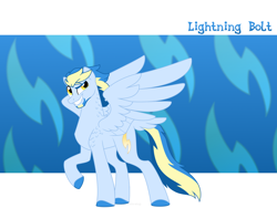 Size: 1600x1200 | Tagged: safe, artist:faith-wolff, derpibooru import, oc, oc only, oc:lightning bolt, pegasus, pony, cutie mark background, faithverse, male, next generation, offspring, parent:rainbow dash, parent:soarin', parents:soarindash, raised hoof, solo, stallion