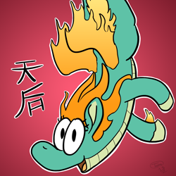 Size: 2000x2000 | Tagged: safe, artist:teletom, derpibooru import, tianhuo, longma, them's fightin' herds, cartoon, chinese, community related, cute, doodle, fire, gradient background, looking at you, mane of fire, red, simple