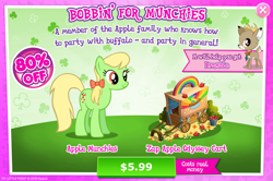 Size: 1084x720 | Tagged: safe, derpibooru import, idw, apple munchies, bramble, deer, earth pony, pony, advertisement, apple, apple family member, background pony, costs real money, female, food, gameloft, idw showified, mare, official, solo, zap apple