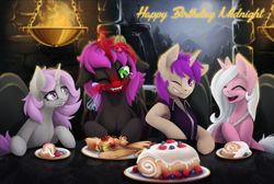 Size: 1500x1006 | Tagged: safe, artist:arctic-fox, derpibooru import, oc, oc only, oc:bright quartz, oc:darkaito, oc:midnight moon, oc:rose quartz, fruit bat, vampony, birthday, crying, polygamy, tears of joy