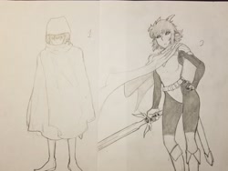 Size: 4032x3024 | Tagged: safe, artist:dj-black-n-white, derpibooru import, oc, oc only, oc:kimmy and mera, human, satyr, cloak, clothes, dungeons and dragons, humanized, offspring, parent:chimera sisters, sword, traditional art, weapon