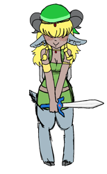 Size: 770x1251 | Tagged: safe, artist:/d/non, derpibooru import, edit, oc, oc only, oc:ariana, satyr, clothes, cosplay, costume, jewelry, offspring, parent:arimaspi, simple background, sword, the legend of zelda, traditional art, transparent background, weapon