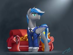 Size: 2659x2000 | Tagged: safe, artist:1jaz, derpibooru import, oc, oc only, oc:cloud zapper, pegasus, pony, armor, clothes, commission, male, necktie, pony town, sofa, solo, stallion, suit