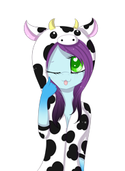 Size: 1673x2287 | Tagged: safe, artist:mimihappy99, derpibooru import, oc, oc only, oc:mimi happy, anthro, cow, :p, clothes, costume, cowprint, female, heart, heart eyes, kigurumi, looking at you, mare, one eye closed, silly, simple background, solo, tongue out, transparent background, wingding eyes, wink