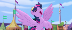 Size: 1920x804 | Tagged: safe, derpibooru import, screencap, twilight sparkle, twilight sparkle (alicorn), alicorn, pony, my little pony: the movie, crown, cute, eyes closed, hoofy-kicks, jewelry, rearing, regalia, solo, spread wings, twiabetes, we got this together, wings