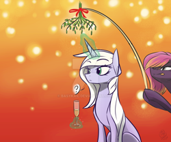 Size: 1024x854 | Tagged: safe, artist:basykail, derpibooru import, oc, oc only, oc:white blade, pony, unicorn, female, magic, mare, mistletoe, watermark