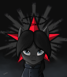 Size: 2700x3100 | Tagged: safe, artist:sinniepony, derpibooru import, oc, oc:sinnie, equestria at war mod, abstract background, black mane, blue eyes, clothes, crown of thorns, solo, soviet, stalliongrad, uniform