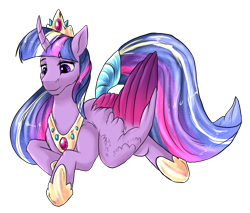 Size: 2634x2241 | Tagged: safe, artist:not-ordinary-pony, derpibooru import, twilight sparkle, twilight sparkle (alicorn), alicorn, pony, crown, female, jewelry, mare, prone, regalia, simple background, smiling, solo, transparent background