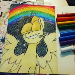 Size: 1280x1280 | Tagged: safe, artist:colouredteapot, derpibooru import, songbird serenade, pony, my little pony: the movie, crying, female, headworn microphone, rainbow, solo, traditional art