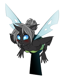 Size: 1324x1538 | Tagged: safe, artist:askbubblelee, derpibooru import, oc, oc only, oc:imago, anthro, changeling, anthro oc, blushing, changeling oc, clothes, disney, fangs, female, hair bun, simple background, solo, stuck, tinkerbell, transparent background