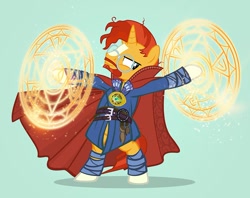 Size: 900x711 | Tagged: safe, artist:pixelkitties, derpibooru import, sunburst, pony, unicorn, alternate beard, bipedal, cape, clothes, cosplay, costume, doctor strange, glasses, ian hanlin, looking at you, magic, male, marvel, marvel cinematic universe, marvel comics, parody, pixelkitties' brilliant autograph media artwork, solo, stallion