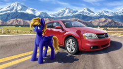 Size: 4551x2560 | Tagged: safe, artist:syntaxartz, derpibooru import, oc, oc only, oc:cloud quake, pegasus, pony, car, dodge (car), dodge avenger, highway, road, scenery, solo