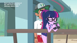 Size: 1920x1080 | Tagged: safe, derpibooru import, edit, edited screencap, screencap, sci-twi, timber spruce, twilight sparkle, better together, equestria girls, unsolved selfie mysteries, binoculars, clothes, female, geode of telekinesis, lifeguard timber, magical geodes, male, shipping, straight, swimsuit, timbertwi