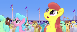 Size: 1920x804 | Tagged: safe, derpibooru import, screencap, bunny moon, nougat praliné, open skies, earth pony, pony, unicorn, my little pony: the movie, animation error, background pony, background pony audience, bow, canterlot, chocolate apple, crowd, crowd shot, female, hair bow, male, mare, melody star, stallion, surprised, unnamed pony, wingless