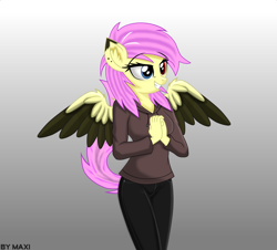 Size: 3317x3000 | Tagged: safe, artist:maxiclouds, derpibooru import, oc, oc only, oc:mariasha, anthro, pegasus, clothes, ear fluff, ear piercing, female, gradient background, hoodie, jeans, pants, piercing, simple background, smiling, solo, wings