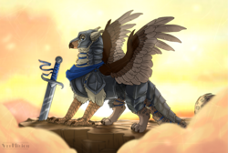 Size: 1599x1075 | Tagged: safe, artist:marinavermilion, derpibooru import, oc, oc only, griffon, armor, helmet, solo, spread wings, sword, warrior, weapon, wings