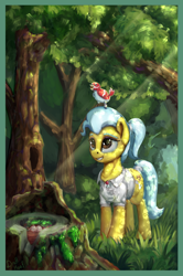 Size: 1480x2225 | Tagged: safe, artist:drafthoof, derpibooru import, doctor fauna, bird, forest, scenery, smiling, solo, tree, tree stump