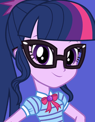 Size: 434x554 | Tagged: safe, derpibooru import, sci-twi, twilight sparkle, better together, equestria girls, geode of telekinesis, glasses, looking at you, magical geodes, ponytail, solo