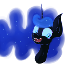 Size: 1348x1189 | Tagged: safe, artist:paskanaakka, derpibooru exclusive, derpibooru import, nightmare moon, bust, ear fluff, fangs, open mouth, portrait, simple background, smiling, solo, transparent background