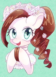 Size: 871x1200 | Tagged: safe, artist:bbtasu, derpibooru import, oc, oc:nel drip, colored hooves, cute, female, flower, flower in hair, hooves together, looking at you, mare, simple background, smiling, solo