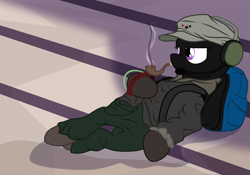 Size: 5000x3500 | Tagged: safe, artist:aaronmk, derpibooru import, oc, pony, ambigious race, backpack, clothes, ezln, female, hat, headphones, mare, mask, pipe, smoking, solo, zapatista