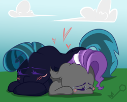 Size: 1000x800 | Tagged: safe, artist:key, derpibooru import, oc, oc only, oc:midnight chastise, oc:splash, bat pony, blushing, cloud, eye scar, grass field, scar, sleeping, ych result