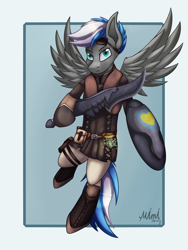 Size: 2400x3200 | Tagged: safe, artist:milkychocoberry, derpibooru import, oc, oc only, oc:cloud zapper, pegasus, pony, clothes, digital art, high res, male, monster hunter, shield, simple background, solo, spread wings, stallion, sword, weapon, wings