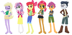 Size: 4008x1948 | Tagged: safe, artist:chipmunkraccoon2, artist:jawsandgumballfan24, artist:owletbrigthness, derpibooru import, edit, apple bloom, babs seed, dinky hooves, rumble, scootaloo, sweetie belle, equestria girls, barefoot, clothes, cute, equestria girls-ified, feet