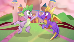 Size: 3840x2160 | Tagged: safe, artist:rupertbluefox, derpibooru import, spike, dragon, artisans, crossover, duo, high five, male, spyro the dragon