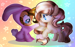 Size: 1390x870 | Tagged: safe, artist:macaroonburst, derpibooru import, oc, oc only, oc:macaroon burst, oc:sweetie pie, earth pony, pony, animal costume, bunny costume, clothes, costume, female, filly, offspring, parent:cheese sandwich, parent:pinkie pie, parents:cheesepie