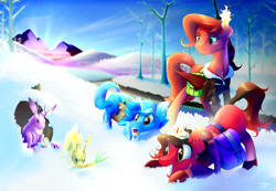 Size: 1000x691 | Tagged: safe, artist:atomic8497, derpibooru import, oc, oc only, oc:midnight flare, oc:snow drift, oc:solar flare, earth pony, pegasus, pony, unicorn, burrow, carrot, colt, female, filly, food, jackalope, male, mare, saddle bag, snow