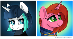 Size: 1024x548 | Tagged: safe, artist:thenornonthego, derpibooru import, oc, oc only, oc:cherry pin, oc:dragonfire, pony, unicorn, fallout equestria, fallout equestria: child of the stars, clothes, fallout, female, mare, smiling